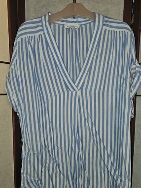 Workshop Republic Clothing Blue & White Striped V-Neck Dolman Sleeve Top